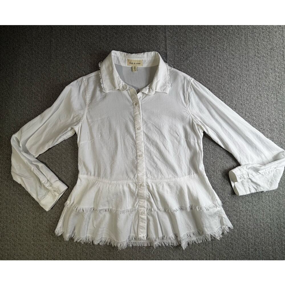 Cloth & Stone Anthropologie Sz S Raw Hem Shirt Ruffle White Button Up